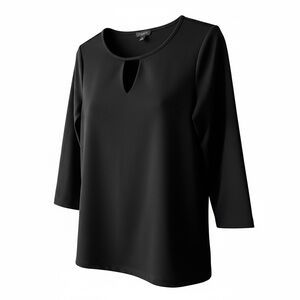 Talbots Womens Blouse Top Petite M Black Keyhole 3/4 Sleeve Preppy Minimalist